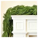 9FT Real Touch Norfolk Pine Christmas Garland with Lights Winter Artificial Faux Greenery Garland for Table Mantle Stairs Fireplace Wall Decor Outdoor Indoor Home Decorations (Battery Not Included)