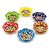 Silver Craft 6 Pcs Daisy Shaped Hand Painted Decorative Serving Turkish Tiny Bowls - Handmade Ceramic Bowl - Set of 6 (3.7 inc/9.5cm) 2.5 Oz Pinch Multicolor Small Serving Bowls - Best Gift Set