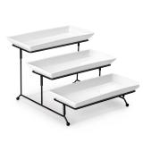 MALACASA 3 Tier Serving Trays for Party, Porcelain Serving Platters and Trays, 12 Inch Tiered Tray Stand, Fruit Tray, Trays for Serving Food, White Dessert Stand with Collapsible Sturdier Metal Rack