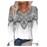 Alaroo Women Blouses Long Sleeve Shirts 2025 Fall Winter Tunic Tops Pleated V Neck Dressy Casual Trendy Print 37 XL