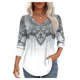 Alaroo Women Blouses Long Sleeve Shirts 2025 Fall Winter Tunic Tops Pleated V Neck Dressy Casual Trendy Print 37 XL