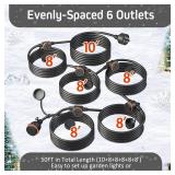 50FT Black Outdoor Extension Cord, Evenly Spaced 6 Outlets Plugs with Waterproof Cover, 16/3 SJTW Weatherproof Multiple Outlets Wire for Holiday Light and Halloween Christmas Decoration, ETL Listed