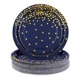 Aneco 60 Pieces 7 Inches Disposable Paper Plates Navy Blue Plate Blue and Gold Foil Dot Dessert Plate Round Paper Plates for Wedding Bridal Shower Birthday Party Decorations
