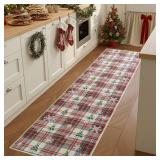 Christmas Runner Rug for Kitchen Hallway, Non Slip Washable 2x8 Red Green Vintage Checkered Tartan Plaid Traditional Farmhouse Holiday Tree Snowflake Carpet Runners for Bathroom Bedroom Entryway
