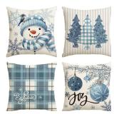 AVOIN colorlife Winter Snowman Joy Snowflake Christmas Throw Pillow Covers, 20 x 20 Inch Xmas Tree Winter Holiday Buffalo Plaid Cushion Case Decoration for Sofa Couch Set of 4
