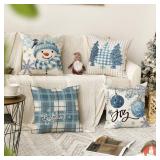 AVOIN colorlife Winter Snowman Joy Snowflake Christmas Throw Pillow Covers, 20 x 20 Inch Xmas Tree Winter Holiday Buffalo Plaid Cushion Case Decoration for Sofa Couch Set of 4
