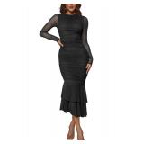 Atizon Elegant Ruched Bodycon Evening Dresses for Women Cocktail Party Formal Maxi Mermaid Dress Black, Small