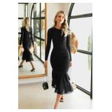 Atizon Elegant Ruched Bodycon Evening Dresses for Women Cocktail Party Formal Maxi Mermaid Dress Black, Small