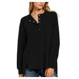 Tankaneo Womens Long Sleeve Henley Shirts Oversized Round Neck Sweatshirts Fall Tunic Tops Casual Loose Fit Tops Black, Size XL