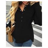 Tankaneo Womens Long Sleeve Henley Shirts Oversized Round Neck Sweatshirts Fall Tunic Tops Casual Loose Fit Tops Black, Size XL