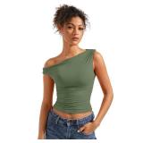 SUUKSESS Women Off Shoulder Tops Sleeveless Shirts Y2K Trendy Going Out Crop Tank Top (Army Green,S)
