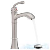 HEYMYTAP Brass Vessel Sink Faucet Brushed Nickel, Single Handle Tall Faucet for Bathroom Sink One Hole with Pop-Up Drain & Water Hoses, Save Water