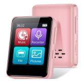 MP3 Player with Bluetooth, 1.8 inch Screen Portable Music Player with Speaker, FM Radio, Recorder, Expansion to 512GB, Pink with 32GB Micro SD Card