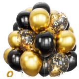 Black Gold Confetti Balloons 50 Pack 12 inch Black and Gold Metallic Latex Balloons with 1 Rolls of Ribbon for Birthday Graduation Celebration Party Decorations.