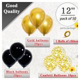 Black Gold Confetti Balloons 50 Pack 12 inch Black and Gold Metallic Latex Balloons with 1 Rolls of Ribbon for Birthday Graduation Celebration Party Decorations.