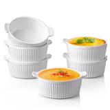 Delling Ramekins with Handle, 6 PACK Soup Bowls for French Onion Soup, Pot Pie, Lava Cakes, Creme Brulee, 12 Oz Porcelain Souffle Dish for Baking, White