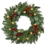 Christmas Wreath with Lights 24 Inch Real Touch Pine Wreath with Red Berries/Pine Cone Prelit Christmas Wreaths for Front Door Outdoor Christmas Decorations Winter Wreath for Windows Indoor Holiday