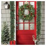 Christmas Wreath with Lights 24 Inch Real Touch Pine Wreath with Red Berries/Pine Cone Prelit Christmas Wreaths for Front Door Outdoor Christmas Decorations Winter Wreath for Windows Indoor Holiday