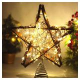 Christmas Tree Topper Star,Rattan Christmas Tree Topper with 50 LED Light,10 Inch Warm White Light Rustic Star for Christmas Tree Decoration Holiday Farmhouse Decor Battery & USB Powered
