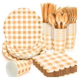 Newtay 168 Pcs Gingham Party Supplies for 24 Guests Thick Paper Plates Knives Spoons Forks Napkins Cups Disposable Set Cutlery for Baby Shower 1st Birthday Wedding Party Favor(Orange)