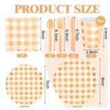 Newtay 168 Pcs Gingham Party Supplies for 24 Guests Thick Paper Plates Knives Spoons Forks Napkins Cups Disposable Set Cutlery for Baby Shower 1st Birthday Wedding Party Favor(Orange)