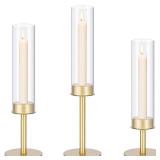 Gold Hurricane Candle Holders, Taper Glass Cover Candlestick, Tall Brass Candle Stick Decor for Table, Centerpiece, Wedding, Dinning, Party on Indoor and Outdoor, Set of 3