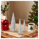 DN DECONATION Silver Christmas Tree Figurines Set of 3, Table Top Xmas Tree Decor with Glitter, Modern Pine & Swirl Design, Resin Christmas Trees for Mantel, Desk, Fireplace,Holiday Centerpiece