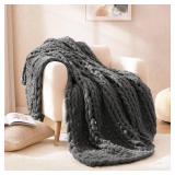 WRENSONGE Chunky Knit Blanket Throw Dark Grey Large Soft Fluffy Cable Knit Crochet Throw 100% Hand Knitted Blanket for Couch Bed(50\"x60\")