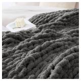 WRENSONGE Chunky Knit Blanket Throw Dark Grey Large Soft Fluffy Cable Knit Crochet Throw 100% Hand Knitted Blanket for Couch Bed(50\"x60\")