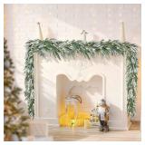 JOJOLEE 72inch Snowed Norfolk Pine Christmas Garland, PreLit Artificial Garland with LED Timer Lights & 8 Modes, Battery Operated Dual-Tone Greenery for Fireplace Mantel, Stair, Indoor Outdoor Decor