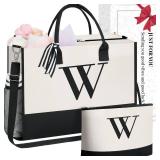 BAGAIL Initial Tote Bag, Personalized Birthday Gifts for Women, Teacher, Friends, Mom, Wedding, Monogrammed Beach Bag(Ivory-2pcs, W)