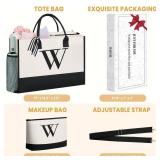 BAGAIL Initial Tote Bag, Personalized Birthday Gifts for Women, Teacher, Friends, Mom, Wedding, Monogrammed Beach Bag(Ivory-2pcs, W)