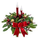 Svndlyn Xmas Decorations Christmas Floral Arrangement Centerpiece for Table Red Flameless Candles Glitter Ball Ornaments Red Berries Bow and Eucalyptus Leaves Holiday Winter Decor for Dining Room