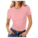 Elesomo Womens Shirts Short Sleeve Basic Crew Neck Tops Slim Fit Tee Blouse, Pink L