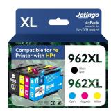 Jetingo 962xl Ink Cartridges Combo Pack for HP 962XL Black and Color Replacement for HP OfficeJet Pro 9010e 9015e 9010 9012 9015 9018 9025 Printers (4-Pack Black Cyan Magenta Yellow) (962-4P)