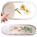 Vanity Tray for Bathroom Counter Set of 1,Oval Soap Dispenser Tray,Resin Jewelry Dish Tray Encased Dried Flowers,Resin Bathroom Tray for Counter,Toilet Tank Tray,Trinket Tray for Perfume Jewelry
