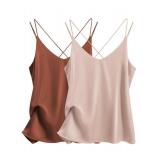 Ekouaer Womens 1-Pack Silk Satin Camisole Tank Top V Neck Sexy Cross Back Spaghetti Strap Cami Sleeveless Lounge Tops Caramel+Champagne L