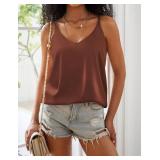 Ekouaer Womens 1-Pack Silk Satin Camisole Tank Top V Neck Sexy Cross Back Spaghetti Strap Cami Sleeveless Lounge Tops Caramel+Champagne L