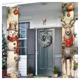 Christmas Porch Sign Banner Merry Christmas Snowman Deer Door Banner for Xmas Holiday Welcome Banner Winter Wall Stretching Portraits For Indoor Outdoor