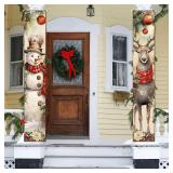 Christmas Porch Sign Banner Merry Christmas Snowman Deer Door Banner for Xmas Holiday Welcome Banner Winter Wall Stretching Portraits For Indoor Outdoor