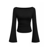 PRETTYGARDEN Womens Long Sleeve Shirts 2026 Spring Crop Going Out Tops Casual Boat Neck Bell Sleeve Ribbed Ruched Y2K Clothes (Black,Medium)