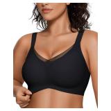 OEAK Plus Size Full Coverage Bras Wireless Supportive Bralette Back Fat Smoothing Wirefree Bra for Large Breasted Women Black 2XL