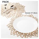 Snowkingdom 6 Pack Gold Placemats Metallic Pressed Vinyl Round Leaf Plastic Dinning Table Place Mats Fancy Decorative for Wedding Christmas Thanksgiving Holiday Spring Outdoor