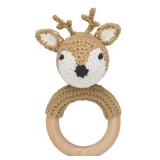 Joliecraft Woodland Friends Baby Rattle Shaker Toy with Wooden Teething Ring in White and Tan Deer