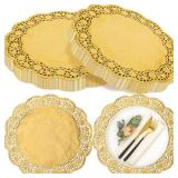 Yexiya 200 Pcs Doilies Lace Paper Doilies 14 Inches Disposable Foil Lace Placemats Large Round Paper Pad Placemats for Cakes Crafts Wedding Birthday Party Decoration(Gold)