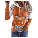 MHTOR Leopard Plaid Pumpkin Kangaroo Pocket Hoodie Women Plaid Pumpkin Thanksgiving T-Shirt Color Block Fall Tshirts(Medium,Orange-1)