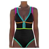popvil Women One Piece Swimsuit 2026 Tummy Control Sexy Cutout Neon Color Block Bathing Suit Slimming Adjustable Swimwear, Black1 Medium