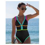 popvil Women One Piece Swimsuit 2026 Tummy Control Sexy Cutout Neon Color Block Bathing Suit Slimming Adjustable Swimwear, Black1 Medium