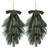 Shihanee 2 Pcs 24\" Christmas Teardrop Swag Rustic Door Swag Teardrop Wreath Artificial Norfolk Pine Hanging Garland Greenery with Bell Velvet Bow for Outdoor Mantle Fireplace (Green,23.6 Inch)