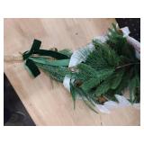 Shihanee 2 Pcs 24\" Christmas Teardrop Swag Rustic Door Swag Teardrop Wreath Artificial Norfolk Pine Hanging Garland Greenery with Bell Velvet Bow for Outdoor Mantle Fireplace (Green,23.6 Inch)